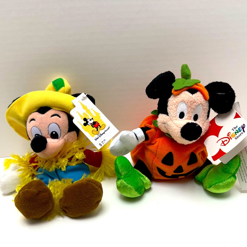 NWT Disney Plush Beanie Lot Of 2 - Mickey Mouse - Pumpkin & Scarecrow Halloween